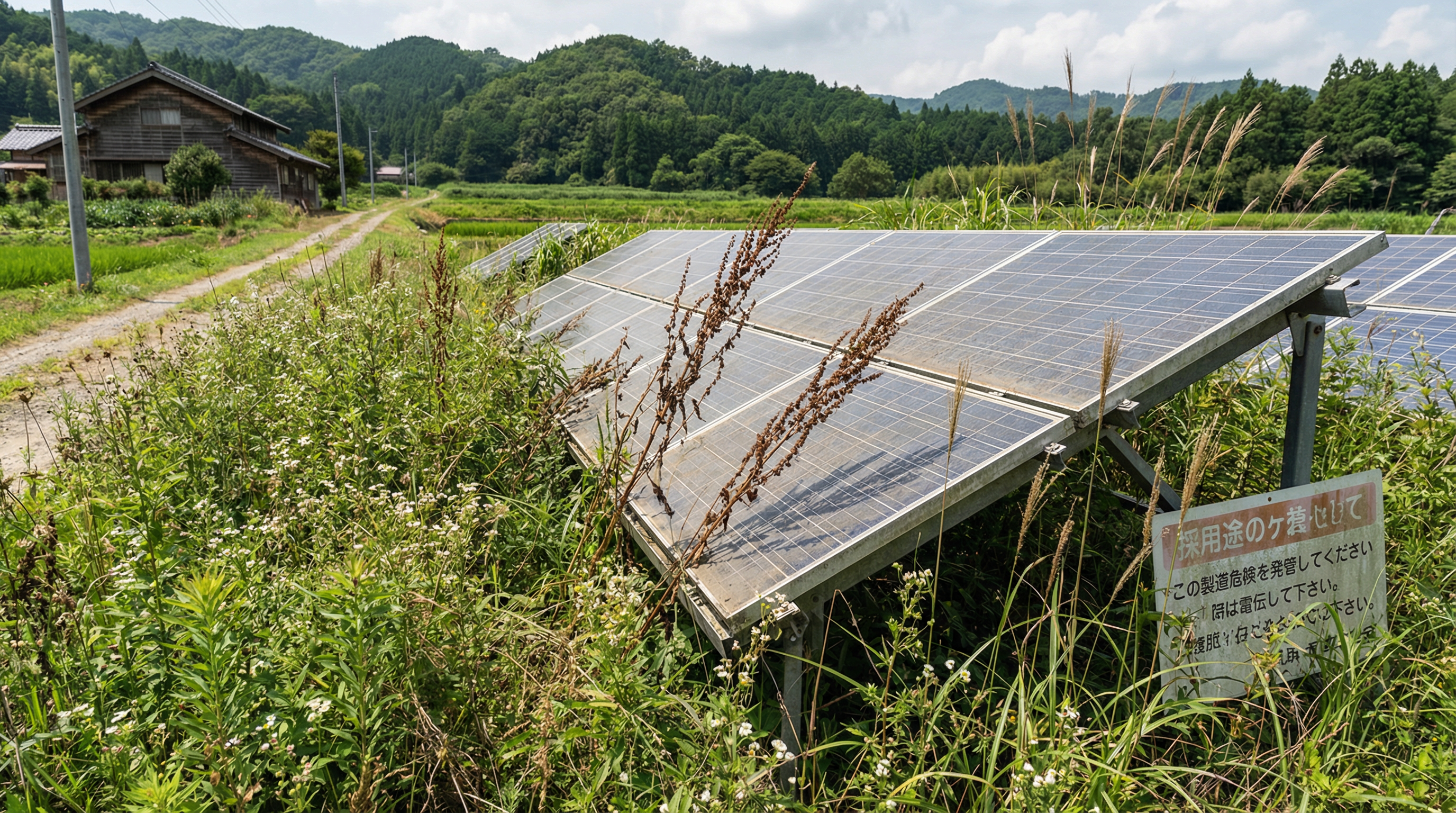 雑草が生い茂った太陽光発電所